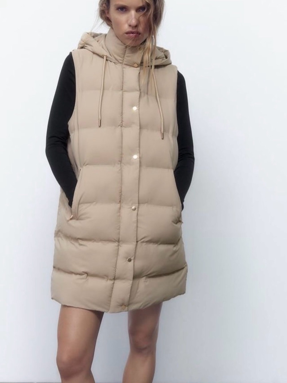 NWOT Zara Long Length Puffer Vest Sleeveless Coat Cream Tan Gold Tone Hooded M